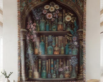 Gothic Bookshelf Woven Blanket - Floral Apothecary 100% Cotton Throw - Witchy Academia Room Decor