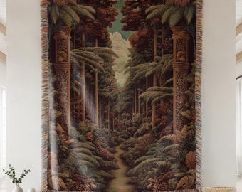 Vintage Botanical Pillars Woven Blanket - Serene Woodland Tapestry - Enchanted Forest Cotton Throw