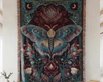 Floral Moth Woven Blanket - Cottagecore Cozy Cotton Throw, Bohemian Butterfly Tapestry Blanket