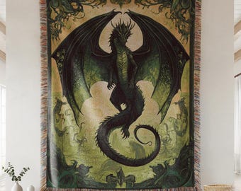 Emerald Dragon Woven Blanket: Medieval Fantasy Cotton Throw