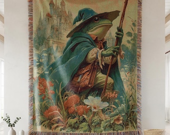 Wizard Frog Woven Blanket - Medieval Cotton Throw, Fantasy Wall Tapestry
