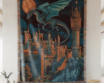 Fantasy Tapestry - Blue Dragon Woven Blanket - D&D Gamer Cotton Throw - Medieval Home Decor