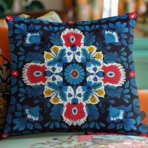 Scandinavian Floral Pillow, Nordic Folk-Art Style Throw Pillow, Full Pillow or Case Only, Blue Scandi Home Decor, Modern Couch Cushion