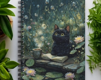 Lo-Fi Bookish Cat Pond Notebook - Ruled Pages - Writing Journal Gift for Cat Lovers or Bookworms, Cozy Cat Stationary