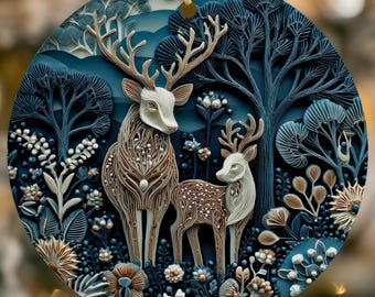 Winter Deer Ceramic Ornament - Woodland Animal Christmas Tree Decor - Reindeer Keepsake Gift