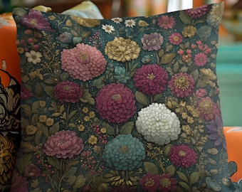 Dark Floral Throw Pillow: Botanical Wildflower Cushion Cover