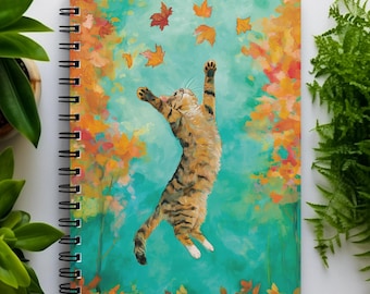 Fall Leaves & Cat Notebook - Ruled Pages - Cozy Autumn Writing Journal - Seasonal Stationary Gift for Students - Teachers