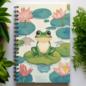 Lily Pond Frog Spiral Bound Notebook - Ruled Line - Cute Kawaii Stationery - Kids Journal with Frog Design - Office and School Supplies