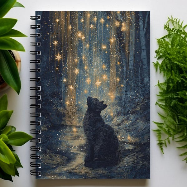 Black Cat Stargazer Notebook: Enchanted Forest Journal, Ruled Pages