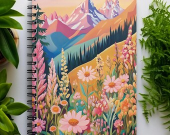 Mountain Wildflowers Spiral Notebook - Painterly Landscape Floral Art - Nature Lover Journal Gift