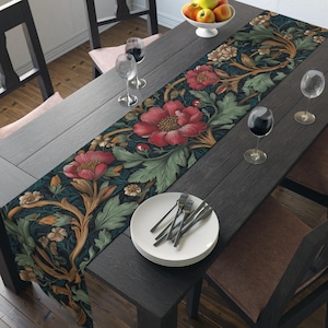 William Morris Floral Table Runner: Dark Teal Botanical Decor