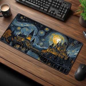 Starry Wizard Castle Desk Mat - Fantasy Gamer Decor - Magical Desk Accessory