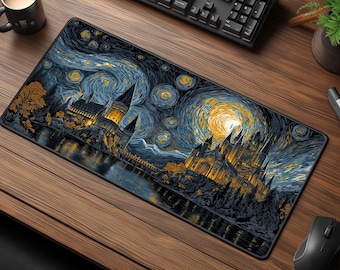 Starry Wizard Castle Desk Mat - Fantasy Gamer Decor - Magical Desk Accessory