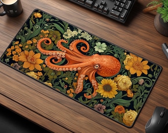 Dark Cottagecore Octopus Desk Mat - Marine Life Mouse Pad - Floral Desk Decor