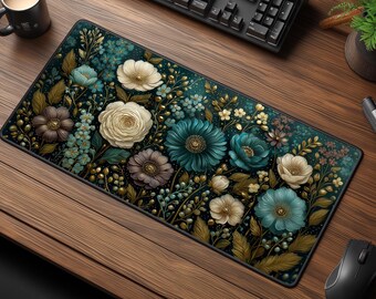Moody Floral Garden Desk Mat - Cottagecore Wildflowers Mouse Pad - Spring Office Desk Decor