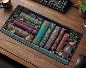 Vintage Bookstacks Desk Mat - Romantic Floral Library Mouse Pad - Bookworm Desk Decor