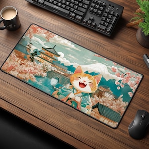 Japanese Spring Desk Mat - Cat in Floral Kimono Mouse Pad - Ukiyo-e Style Desk Zen Decor