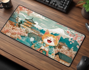 Japanese Cat Kimono Desk Mat – Ukiyo-e Spring Floral Mouse Pad Zen Decor
