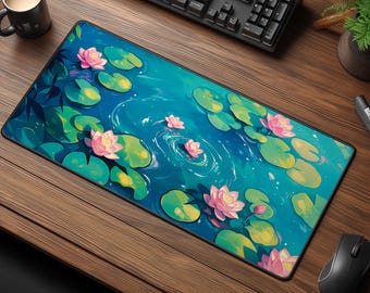 Water Lily Pond Desk Mat - Botanical Mouse Pad - Blue & Green Tranquil Desk Decor