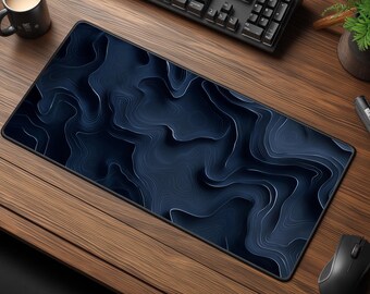 Dark Blue Topographic Desk Mat - Abstract Contour Lines Mouse Pad - Stylish Workspace Desk Accessory