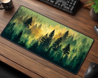 Foggy Forest Desk Mat - Woodland Nature Mouse Pad - Calming Pine Tree Scenery
