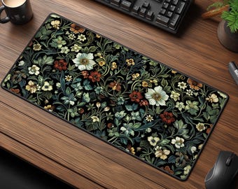 Botanical Noir Desk Mat - Cottagecore Desk Decor - Dark Wildflowers Office Mouse Pad