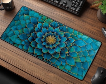 Mandala Desk Mat - Zen Floral Mouse Pad - Boho Office Desk Decor - Teal & Turquoise