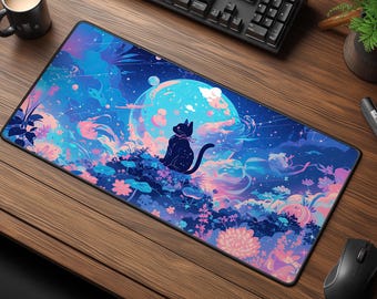 Black Cat Ribbon Desk Mat - Floral Galactic Cat Design for Cozy Setups & Gamers