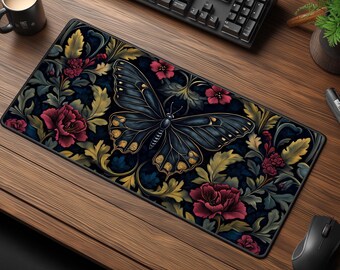 Dark Academia Butterfly Desk Mat - Vintage Floral Mouse Pad Decor for Home or Workspace