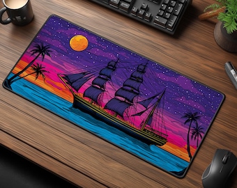 Sailing Ship Desk Mat - Nautical Art Mouse Pad - Tropical Ocean Desk Decor - XL Gaming Mousepad
