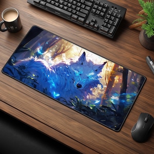 Enchanted White Wolf Desk Mat - Fantasy Gaming Mousepad - Woodland Animal Desk Decor