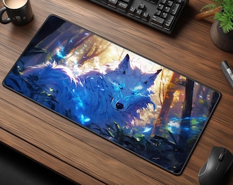 Enchanted White Wolf Desk Mat - Fantasy Gaming Mousepad - Woodland Animal Desk Decor