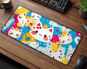 Crowned Cat Desk Mat - Kawaii Pastel Gaming Mouse Pad