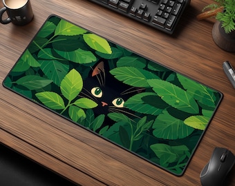 Hidden Black Cat Desk Mat - Green Botanical Leaves & Cat Mouse Pad - Jungle Workspace Decor