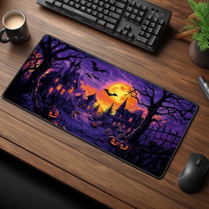 Haunted Town Desk Mat - Gothic Halloween Desk Decor