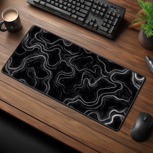Monochrome Topographic Desk Mat - Minimalist Black and White Office Decor