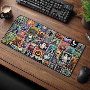 Halloween Vintage Stamps Desk Mat - Unique Patchwork Mouse Pad