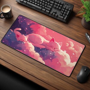 Sleeping White Cats Desk Mat - Kawaii Gaming Mouse Pad - Pastel Pink Cloud Design for Cozy Setups