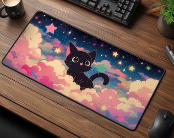 Pastel Black Cat Desk Mat: Kawaii Gaming Decor