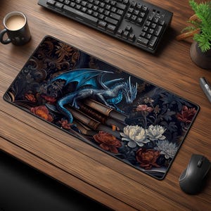 Dragon & Books Mouse Pad - Dark Academia Desk Mat - Fantasy Floral Gaming Desk Decor