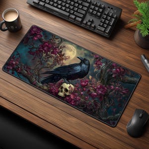 Dark Academia Raven Desk Mat - Gothic Mouse Pad - Skull Desk Pad - Goth Aesthetic Desk Gift for Her - Witchcore Gamer Gift
