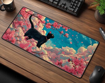 Sakura Black Cat Desk Mat - Kawaii Spring Desk Decor - Cozy Dreamy Gaming Mouse Pad