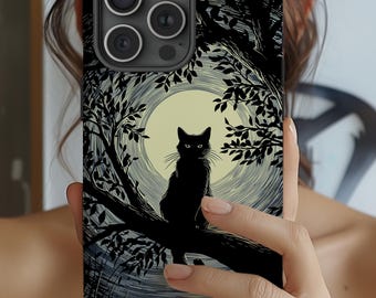 May include: Black phone case featuring a silhouette of a black cat perched on a tree branch in front of a full moon. The design includes detailed tree branches and leaves, creating a nighttime scene. The case is likely made of a durable material.