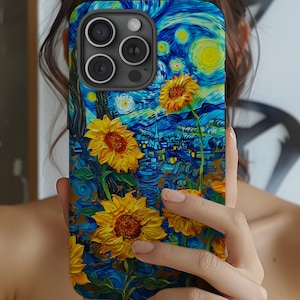 Funda para teléfono con girasoles estrellados: estilo Van Gogh, resistente a los impactos imagen 1