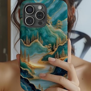 Asian Jade Carving Phone Case: Mountain Landscape Art, Glossy or Matte