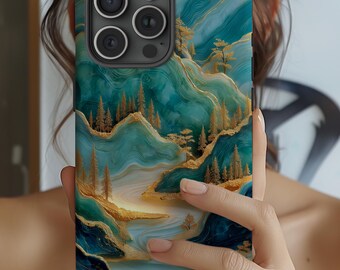 Asian Jade Carving Phone Case: Mountain Landscape Art, Glossy or Matte