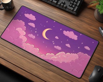 Kawaii Pastel Clouds Desk Mat - Cozy Night Sky - Moon & Stars Gaming Workspace Decor