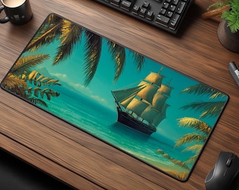 Tropical Sailing Ship Desk Mat - Relaxing Ocean Desk Decor - Large Nautical Office Mouse Pad