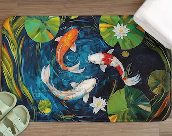 Koi Fish Pond Bath Mat: Zen Style Memory Foam Rug
