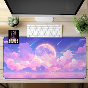 Soft Pastel Moon and Clouds Desk Mat, Pink Non Slip Mouse Pad, Aesthetic Desk Mat, Decorative Desk Accessory, Large Gaming Desk Pad